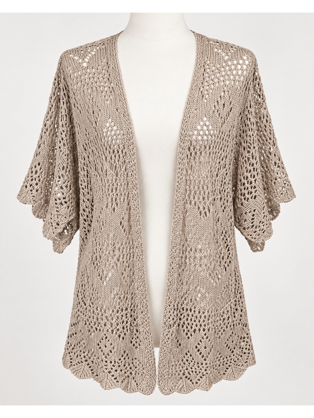 Hooked Up by IOT M Taupe Crochet Open Knit Boho Cardigan Kimono Sweater